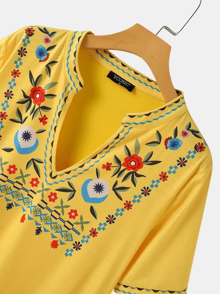 Ethnic Women Notched Neckline Floral Print Bohemian Casual Midi Dress - MRSLM
