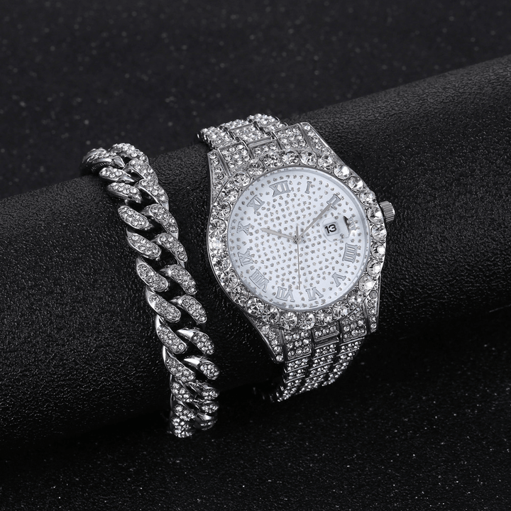 Alloy Hip Hop Luxury 2 PCS Hip-Hop Chain Full Diamond Watch Bracelet Lady Quartz Watch - MRSLM