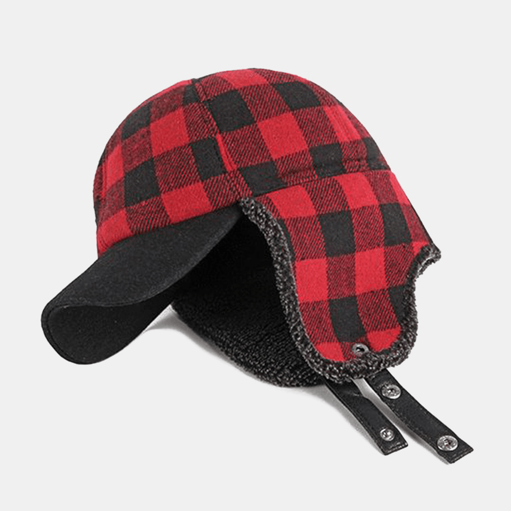 Unisex Cotton plus Velvet Thick Plaid Baseball Cap Autumn Winter Ear Protection Earmuffs Windproof Warm Hat - MRSLM