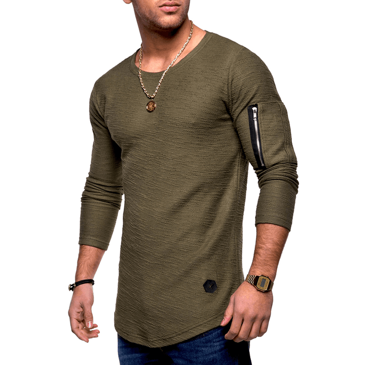 Mens Breathable Solid Color Irregular Hem Zipper O-Neck Long Sleeve Slim Casual T-Shirts - MRSLM