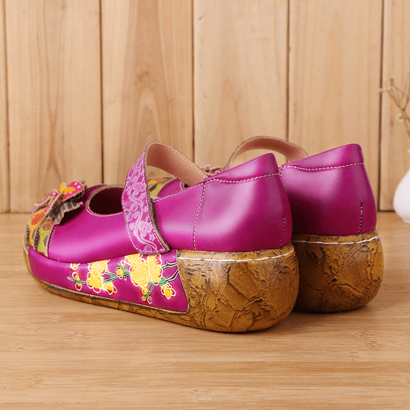 Women Genuine Leather Folkways Vintage Flowers Hook Loop Summer Platform Wedge Sandals - MRSLM