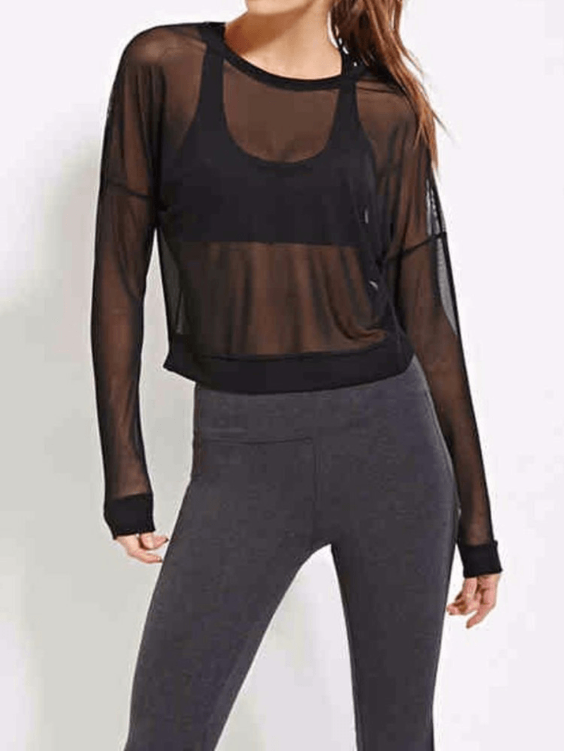 Women Black Mesh See through Long Sleeve Shirt Casual Blouse - MRSLM