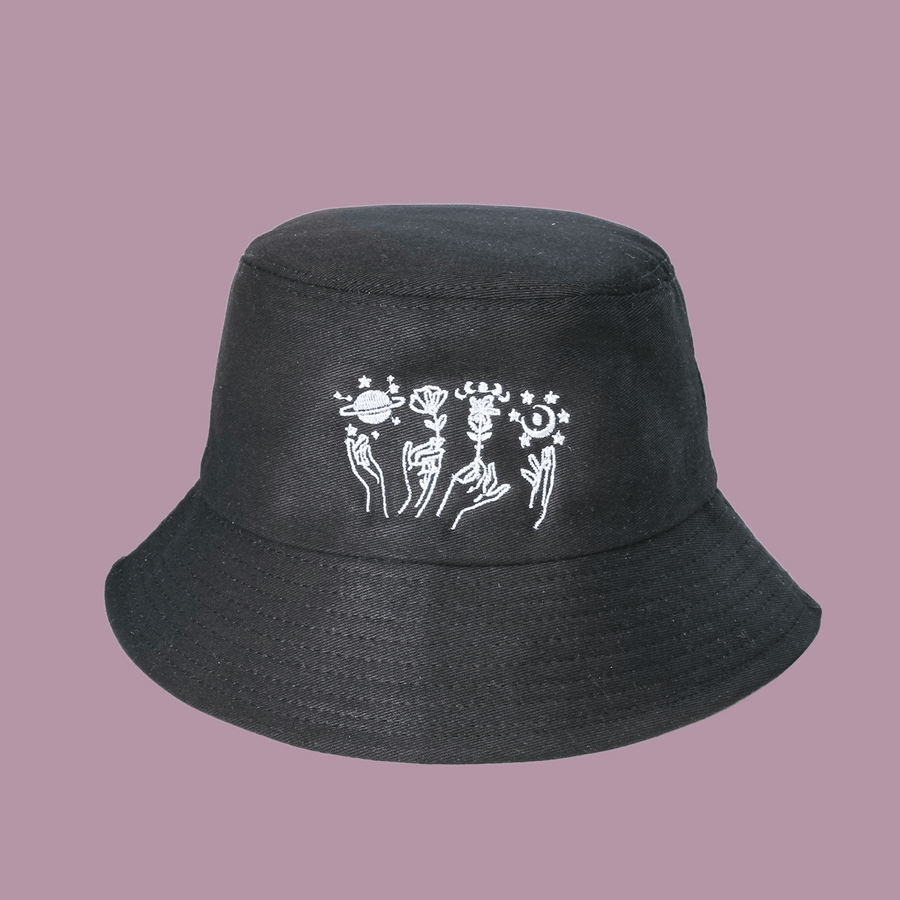 Unisex Wide Brim Line Drawing Star Moon Rose and Hand Pattern Print Fashion Sunshade Cotton Bucket Hat - MRSLM