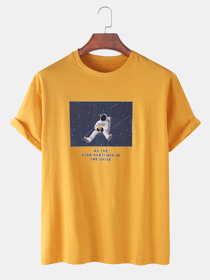 Cotton Space Astronaut Print round Neck Short Sleeve Loose T-Shirts - MRSLM