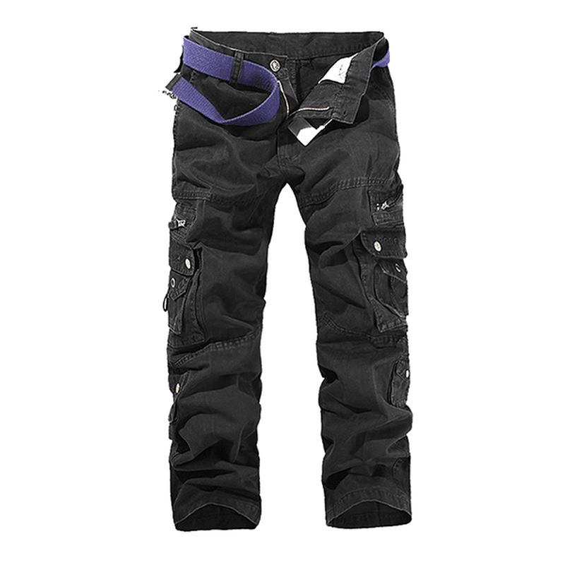 Mens Solid Color Multi-Pockets 100%Cotton Casual Cargo Pants Outdoor Straight Trousers - MRSLM