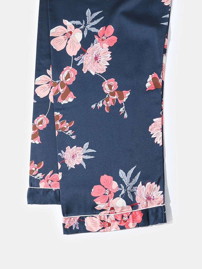 Mens Floral Print Revere Collar Long Sleeve Pajamas Sets with Contrast Binding - MRSLM