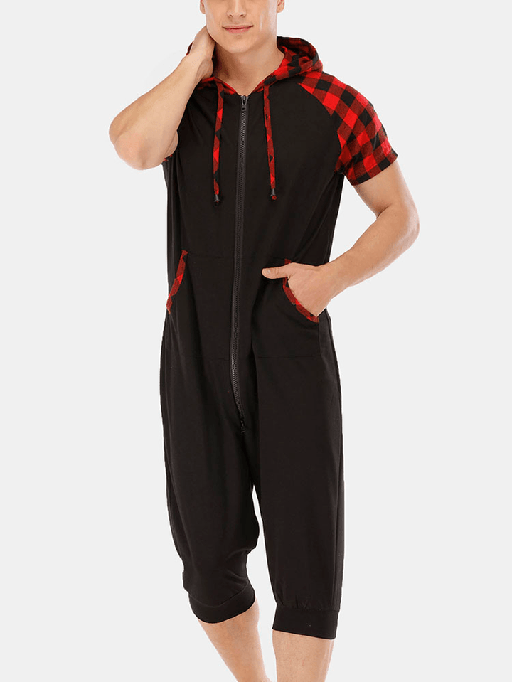 Mens Casual Cotton Hooded Plaid Style Short Sleeve Home Jumpsuit - MRSLM