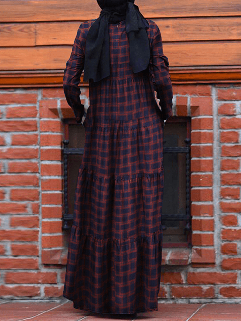 Women Vintage Plaid round Neck Kaftan Casual Long Sleeve Maxi Dresses with Pocket - MRSLM