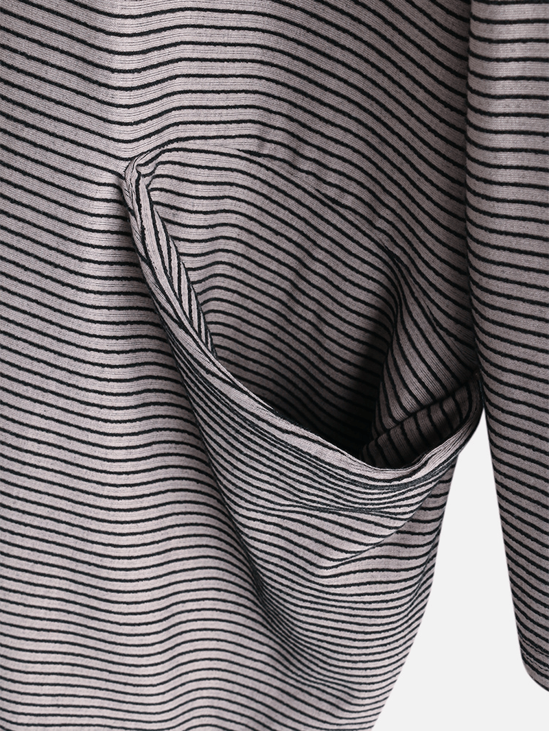 Pockets Stripe Irregular Long Sleeve Hoodie - MRSLM