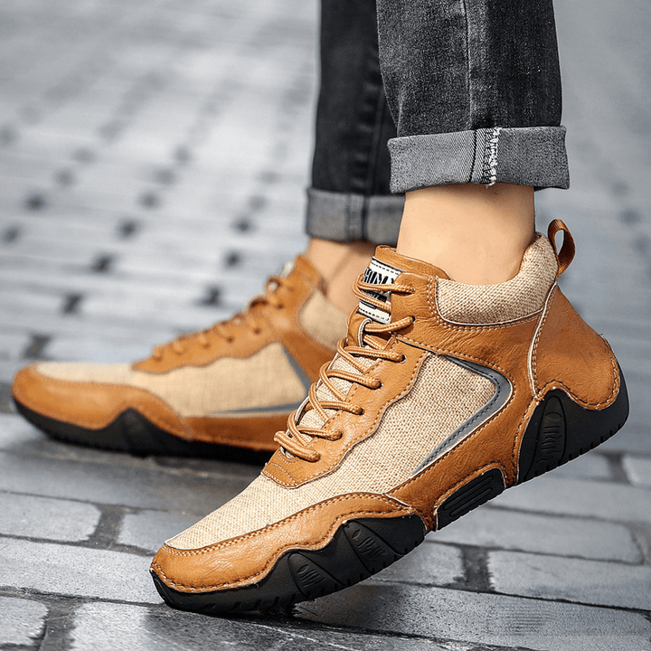 Men Leather Hand Stitching Breathable Soft Sole Splicing Comfy Warm Casual Sports Shoes - MRSLM