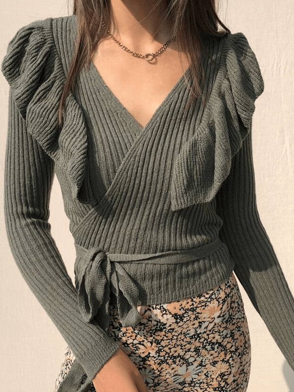 Women V-Neck Ruffle Trim Elegant Knitted Sweaters - MRSLM