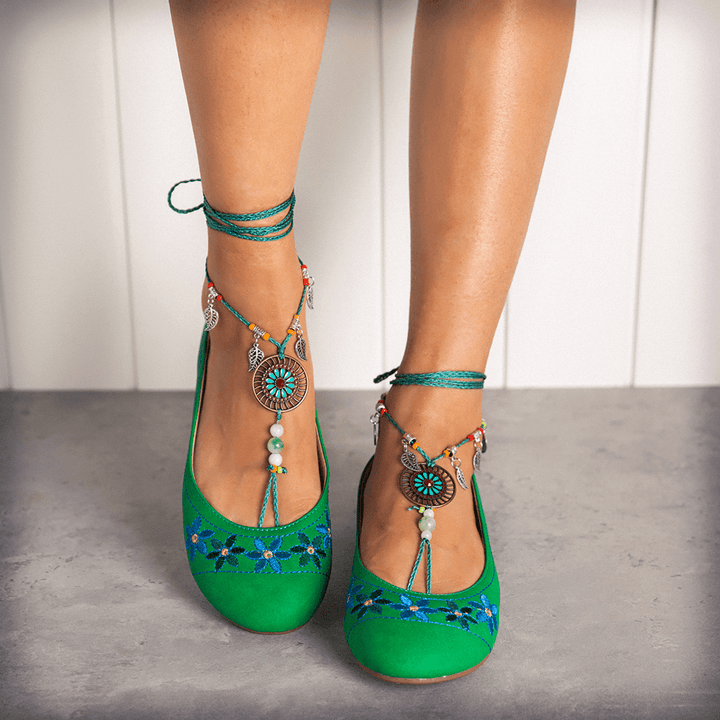 LOSTISY Beaded Chain Exotic Style Flower Embroidered Casual Green Loafers - MRSLM