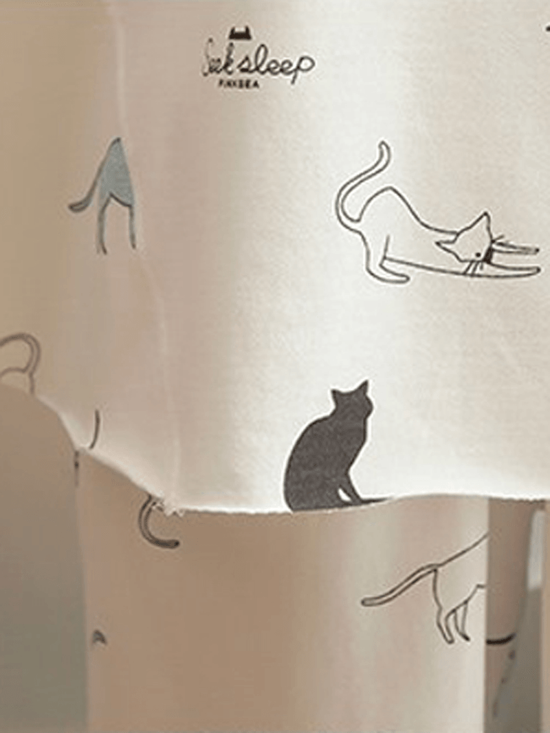 Women Funny Cartoon Cat Print round Neck Pocket Long Sleeve Home Pajama Set - MRSLM
