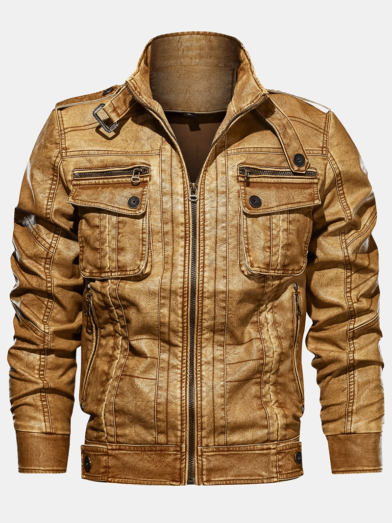 Mens Multi-Pocket Stand Collar PU Leather Vintage Jacket - MRSLM
