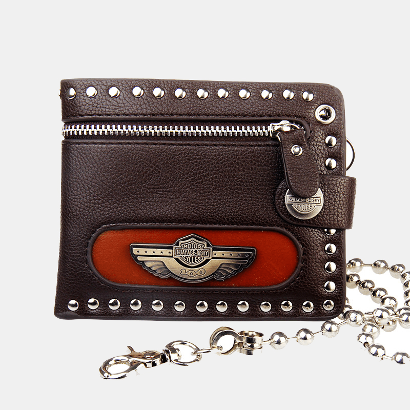 Men Genuine Leather Business RFID Retro Style Geometric Pattern Multi-Pocket Card Holder Wallet with Rivet Chain - MRSLM