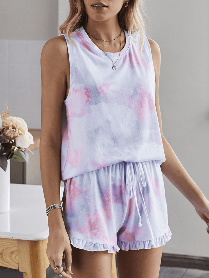 Tie Dye Women Colorful Gradient Sleeveless Drawstring Ruffles Loose Pajama Set - MRSLM