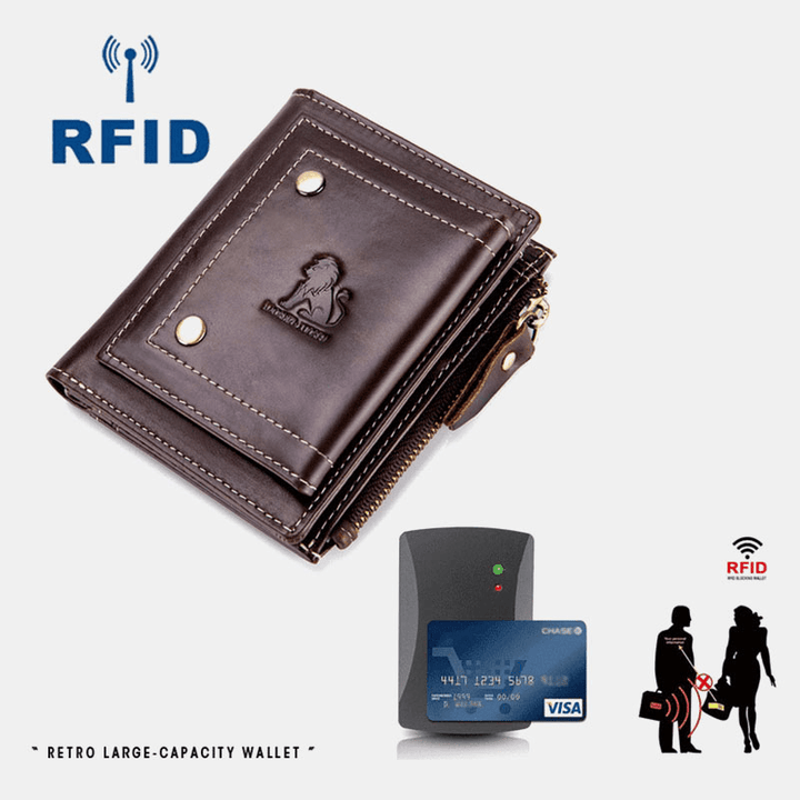 Men Genuine Leather RFID Blocking Wallet Zipper Coin Bag - MRSLM