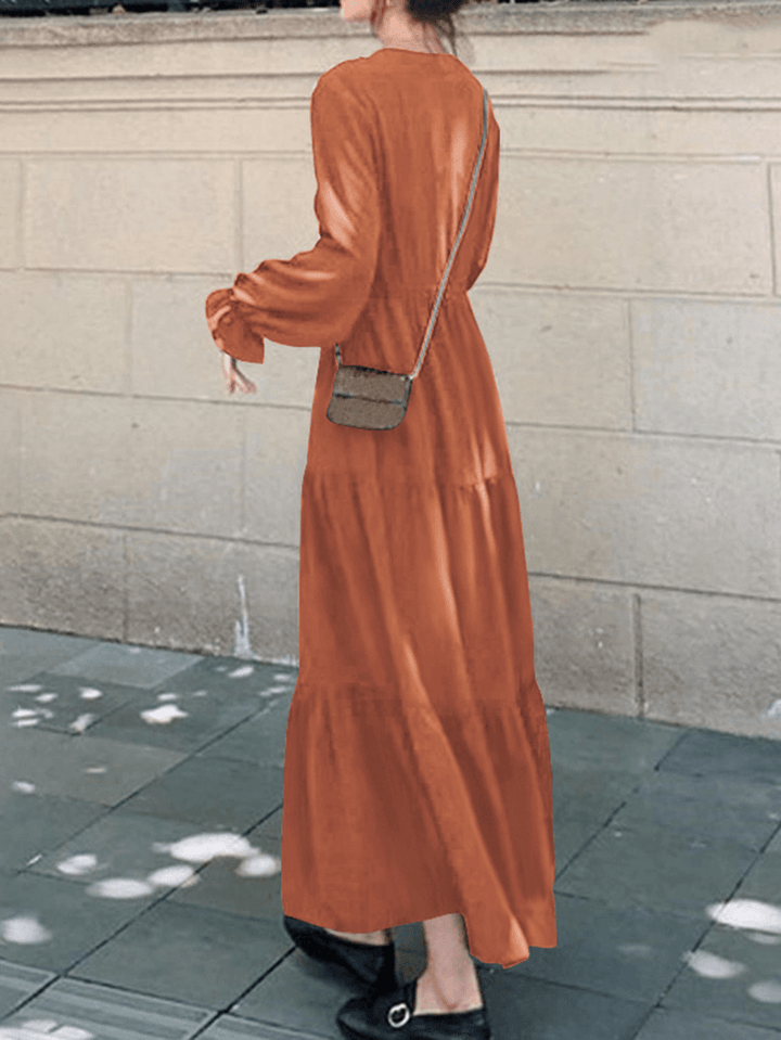 Women Solid Color Puff Sleeve V-Neck Big Swing Casual Maxi Layered Dress - MRSLM