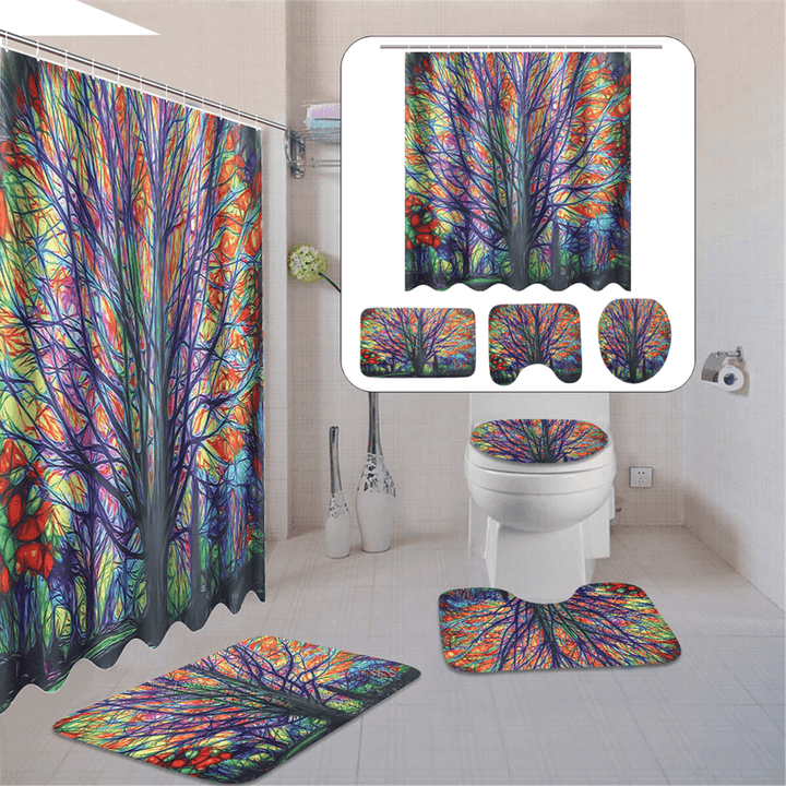 Colorful Dreamy Tree Pattern Bathroom Waterproof Shower Curtain Floor Mat Pedestal Rug Toilet Lid Cover Bath Mat - MRSLM