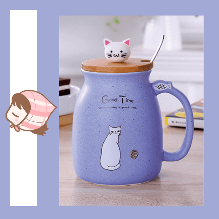 Cat Kitten Ceramic Coffee Mug Tea Milk Water Cup W/Handle + Spoon + Lid 420ML - MRSLM