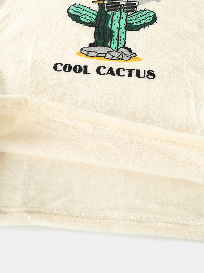 Mens Cartoon Cactus Letter Print round Neck Flannel Warm Long Pajamas Sets - MRSLM