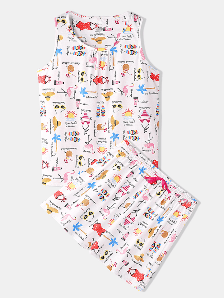 Plus Size Women Funny Cartoon Print Home Sleeveless Softies Vest Pajama Set - MRSLM