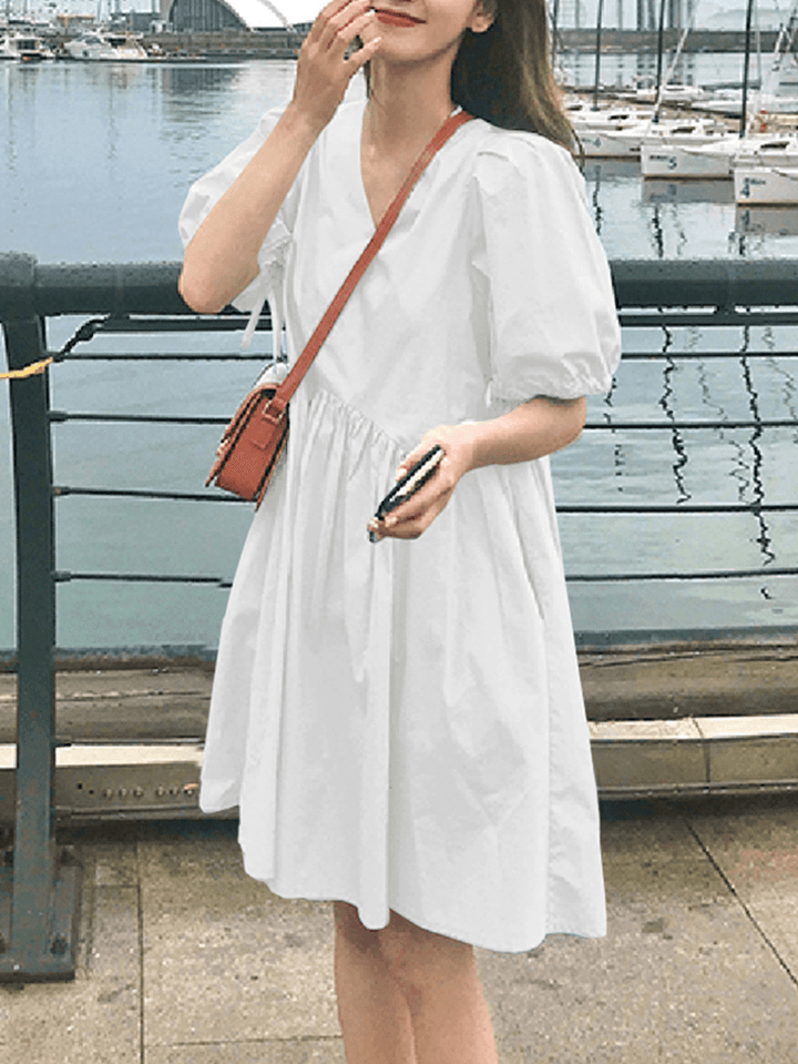 Women Solid Color Puff Sleeve V-Neck Pleats Plain Daily Casual Midi Dress - MRSLM
