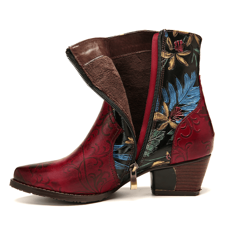 Women Retro Embossed Flowers Stitching Leather Ankle Boots - MRSLM
