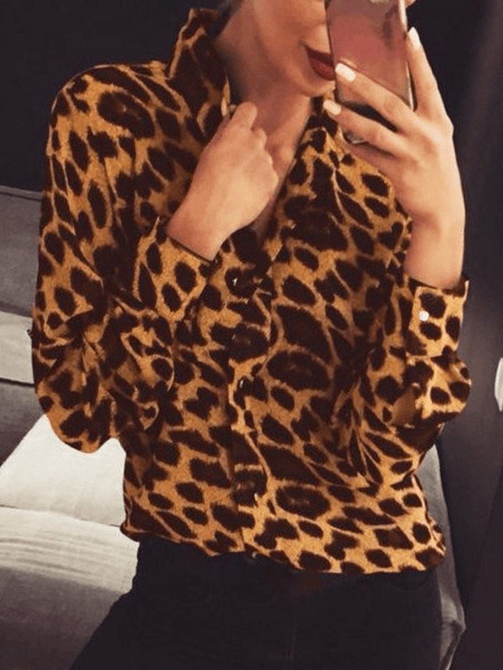 Women Leopard Print Stylish Regular Fit Casual Lapel Long Sleeve Shirts - MRSLM