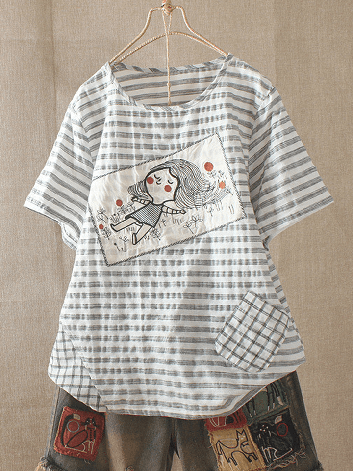 Print Striped Embroideried Cartoon Casual T-Shirts - MRSLM