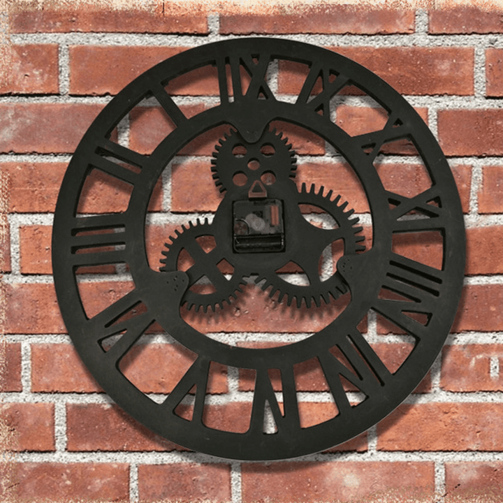 19 Inch Antique Roman Numerals Silent Wall Clock Rustic Wheel Gear Wooden Decor Clock - MRSLM
