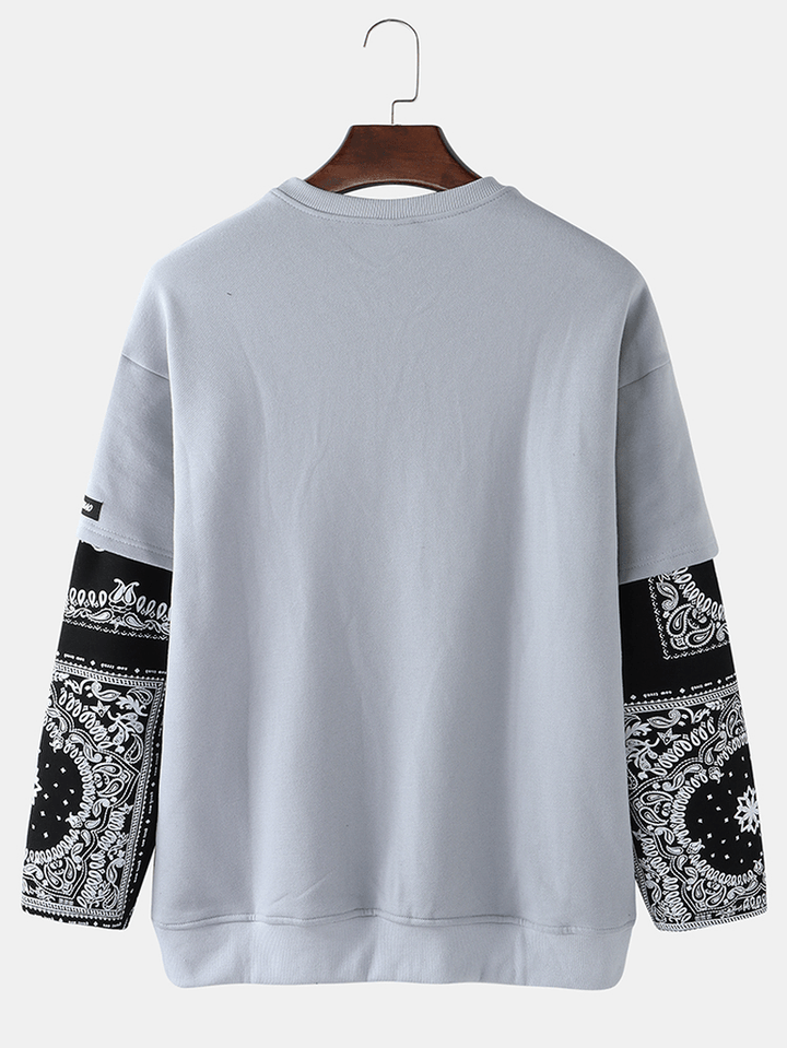 Mens Patchwork Paisley Print Faux Twinset Pullover Drop Shoulder Sweatshirts - MRSLM