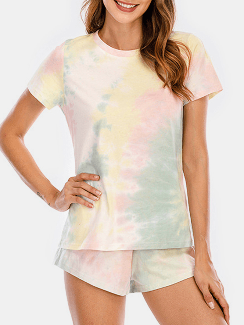 Women Tie Dye Pajamas Set Two Pieces Short Sleeve O-Neck Softies Summer Sleepwear - MRSLM