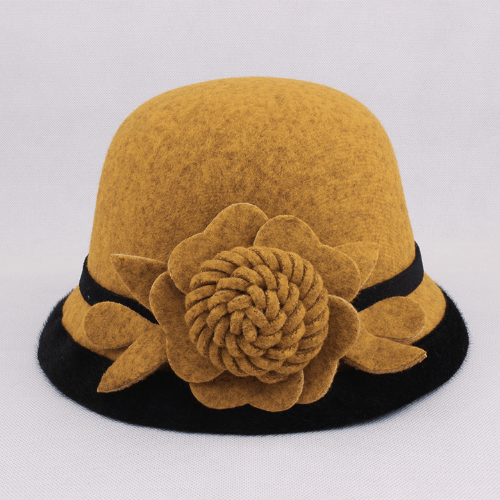 Women Warm Woolen Bowler Hat Flower Ethnic Bucket Hat - MRSLM