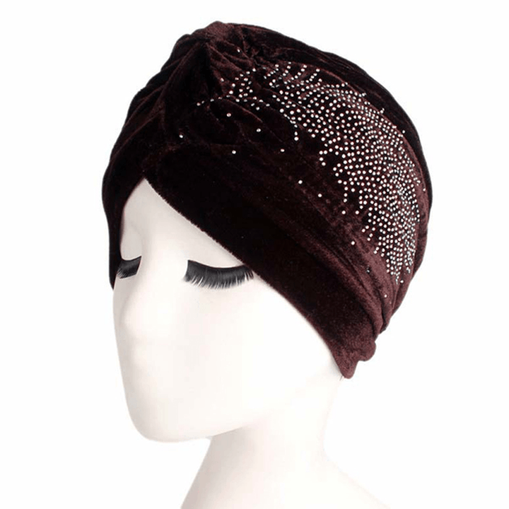 Womens Pleuche Skullies Beanies Thin Bonnet Cap Autumn Casual Diamond Beanies Hat Turban - MRSLM