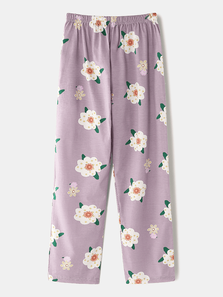 Women Floral Print Lapel Shirt Elastic Waist Pocket Loose Pants Home Pajama Set Sleepwear - MRSLM