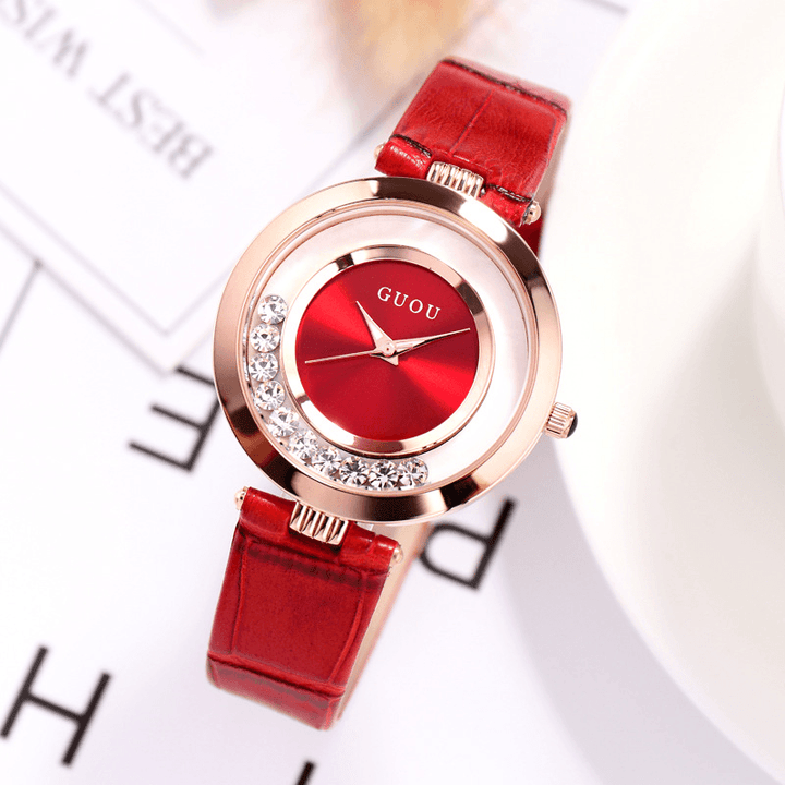GUOU 8039 Fashion Women Watch Light Luxury Full Steel Glitter Diamond Leather Strap Female Quartz Watch - MRSLM