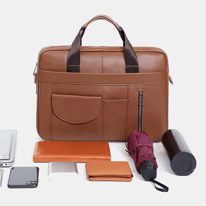 Men Multifunction Genuine Leather 15.6 Inch Laptop Bag Briefcases Retro Multi-Pocket Crossbody Bag Shoulder Bag - MRSLM