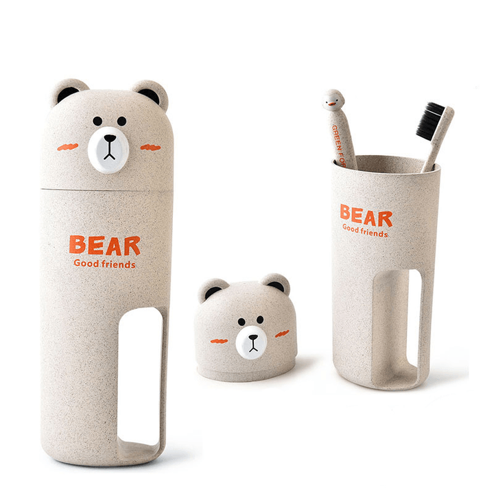 Honana Cute Bear Wheat Straw Portable 4 Color Options Toothbrush Organizer Travel Washing Cup Set 2 Toothbrushes Incuded - MRSLM