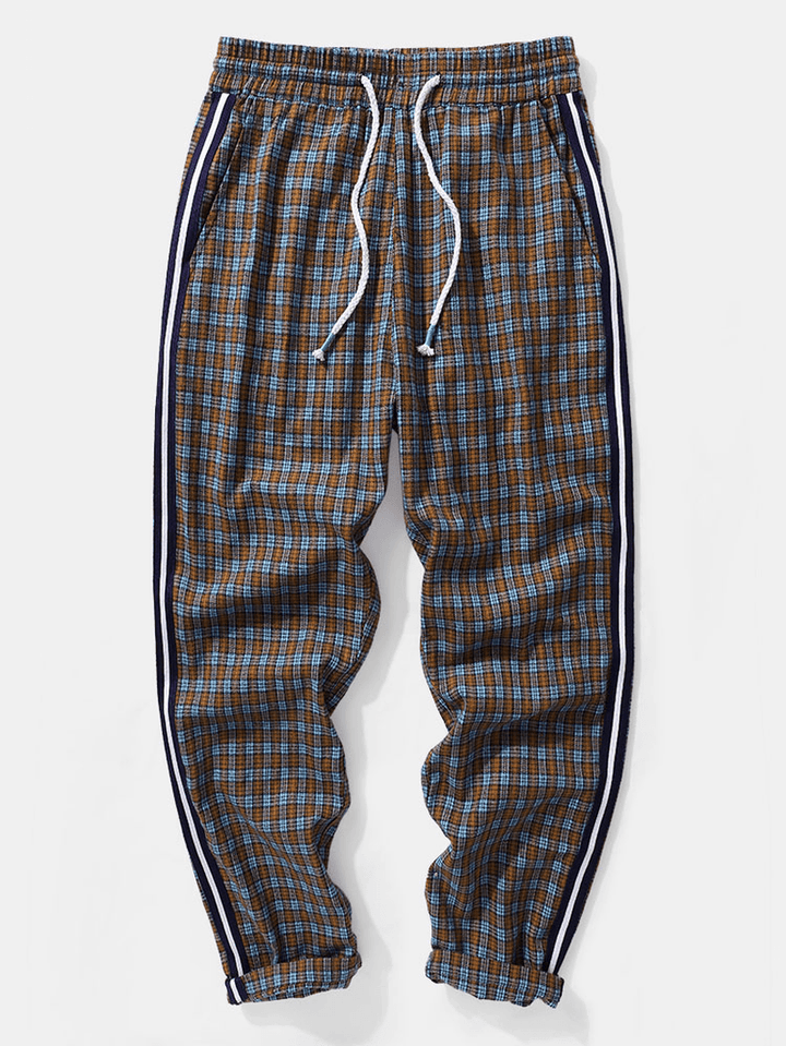 Mens Striped Side Plaid Pattern Drawstring Waist Preppy Pants - MRSLM