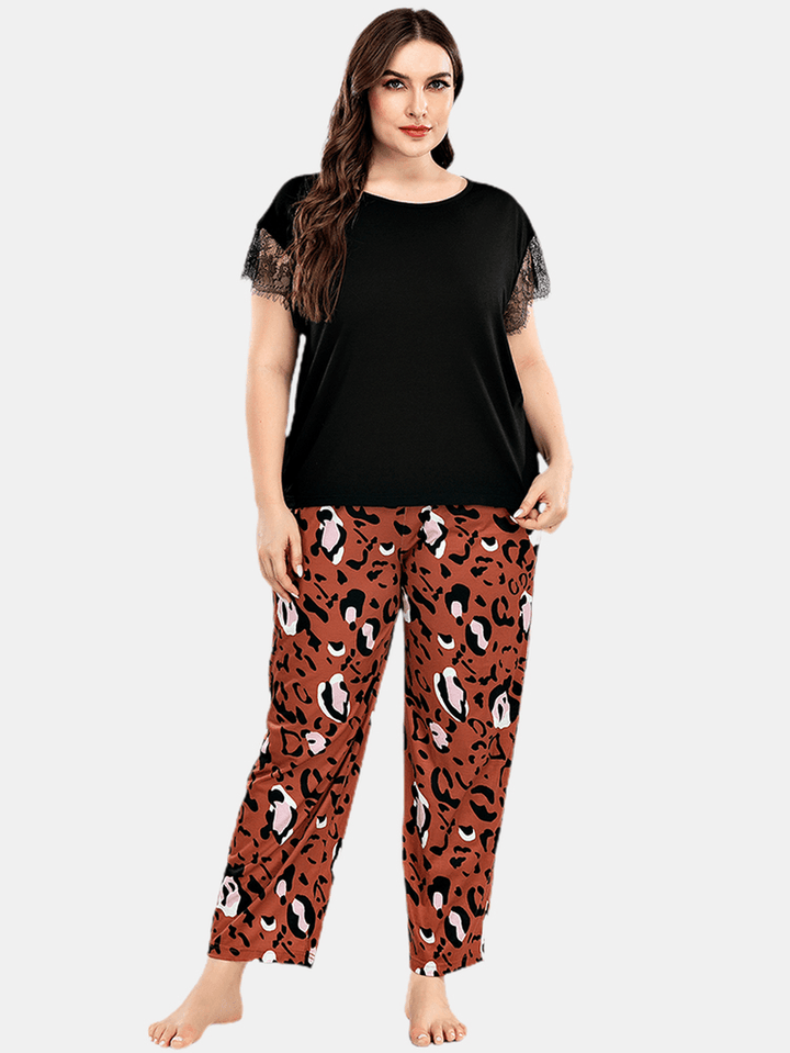 Plus Size Women Lace Black Short Sleeve Top Leopard Pants Home Casual Pajama Set - MRSLM