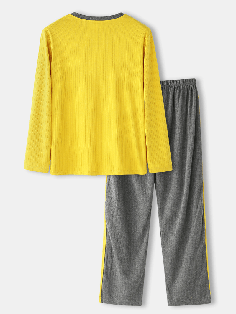 Mens Jacquard Letter Pattern V-Neck Long Sleeve Top Side Stripe Elastic Waist Home Casual Pajama Set - MRSLM