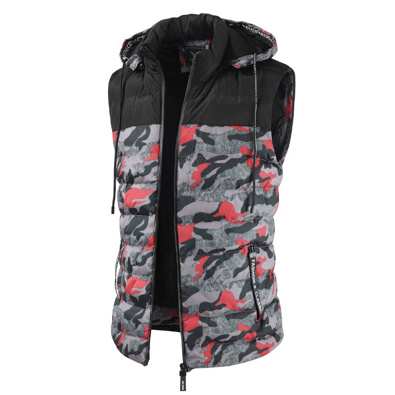 Mens Camo Patchwork Detachable Hooded Thick Warm Padded Vest - MRSLM