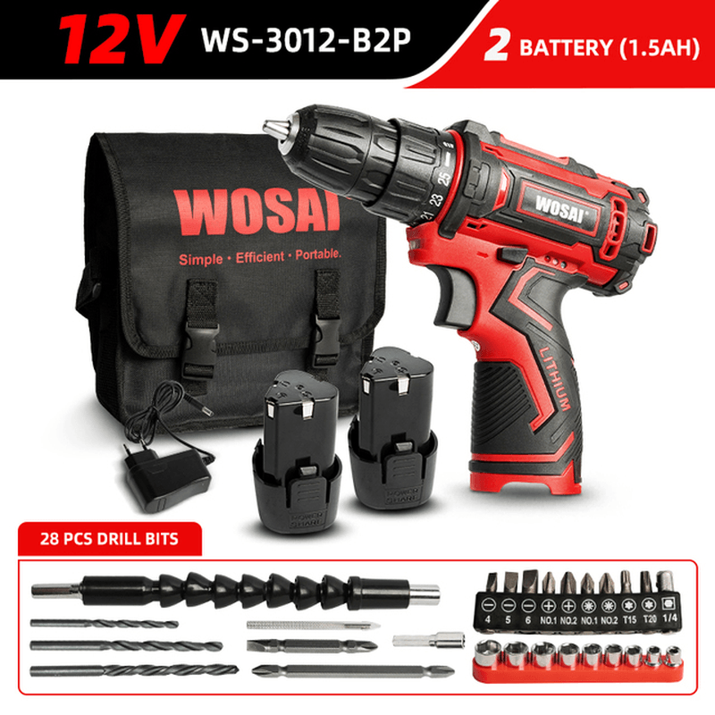 WOSAI 12V Cordless Drill Electric Screwdriver 3/8 Inch Mini Wireless Power Driver DC Lithium-Ion Battery - MRSLM