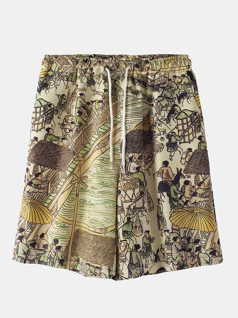 Mens Chinese Style Printed Drawstring Pocket Loose Shorts - MRSLM