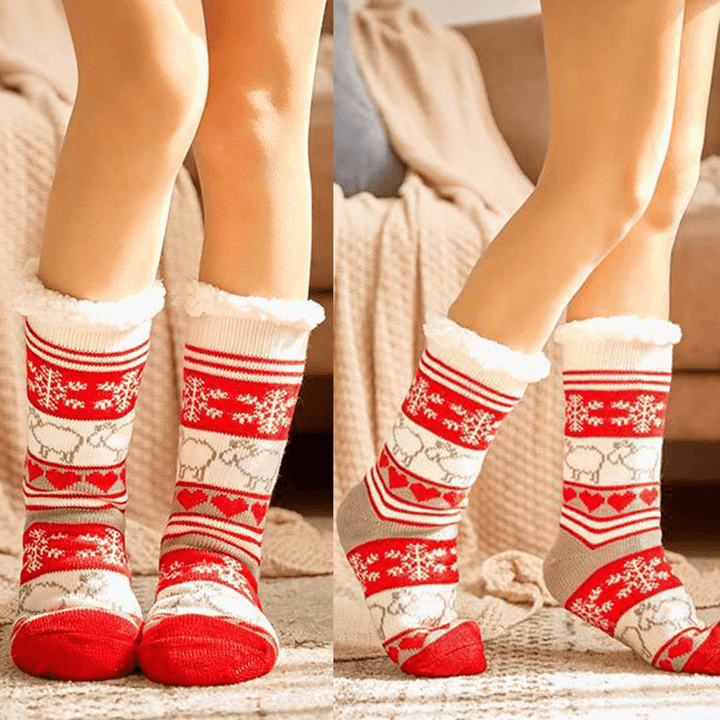 Women Warm Winter Outdoor Christmas Style Snowflake Elk Pattern plus Velvet Thicken Home Sleep Socks Tube Socks - MRSLM