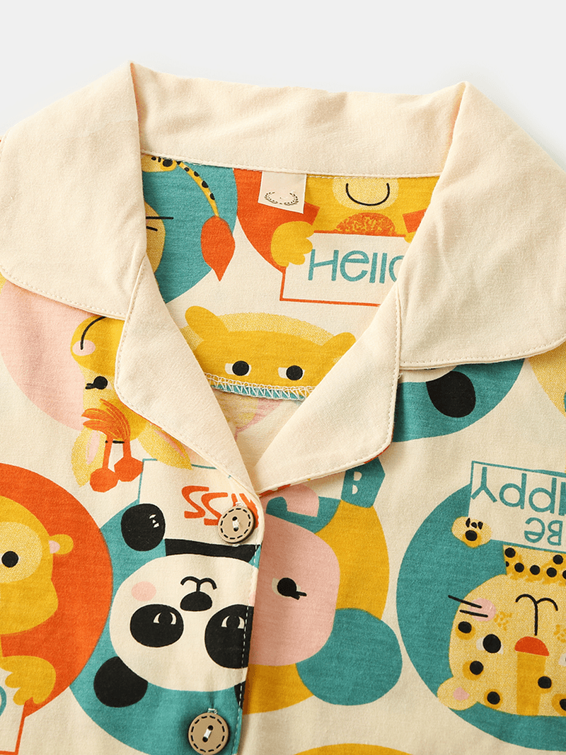 Women Cartoon Multi Animal Print Button up Long Sleeve Elastic Waist Home Cotton Pajama Set - MRSLM