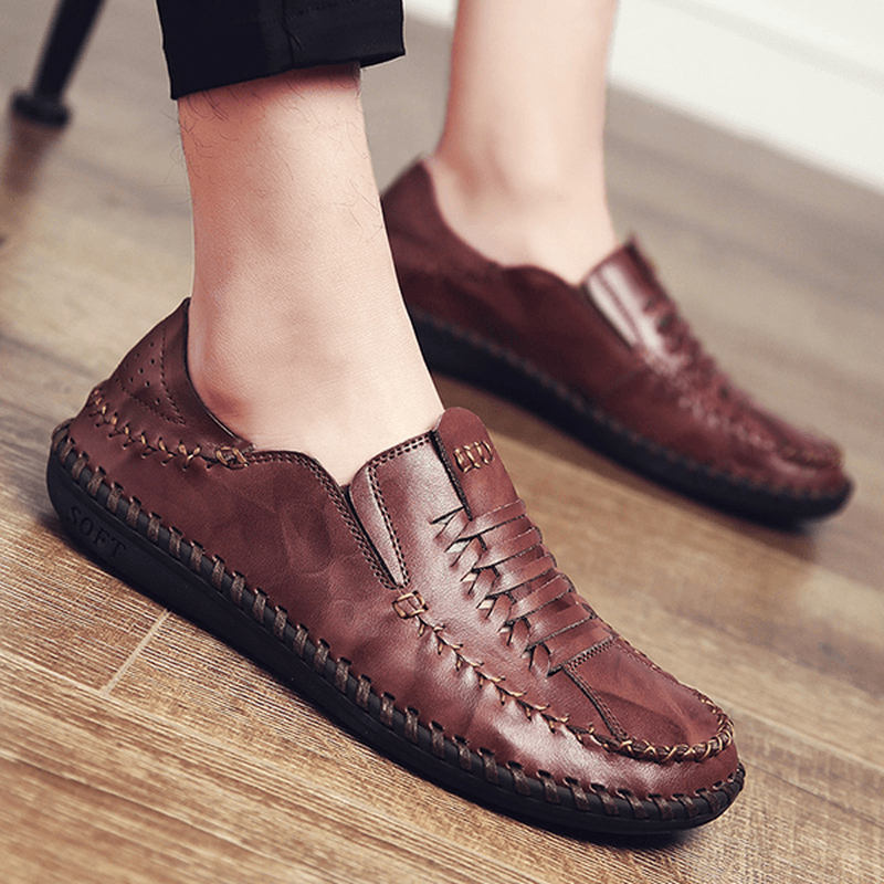 Men Genuine Leather Hand Stitching Woven Style Oxfords Shoes - MRSLM