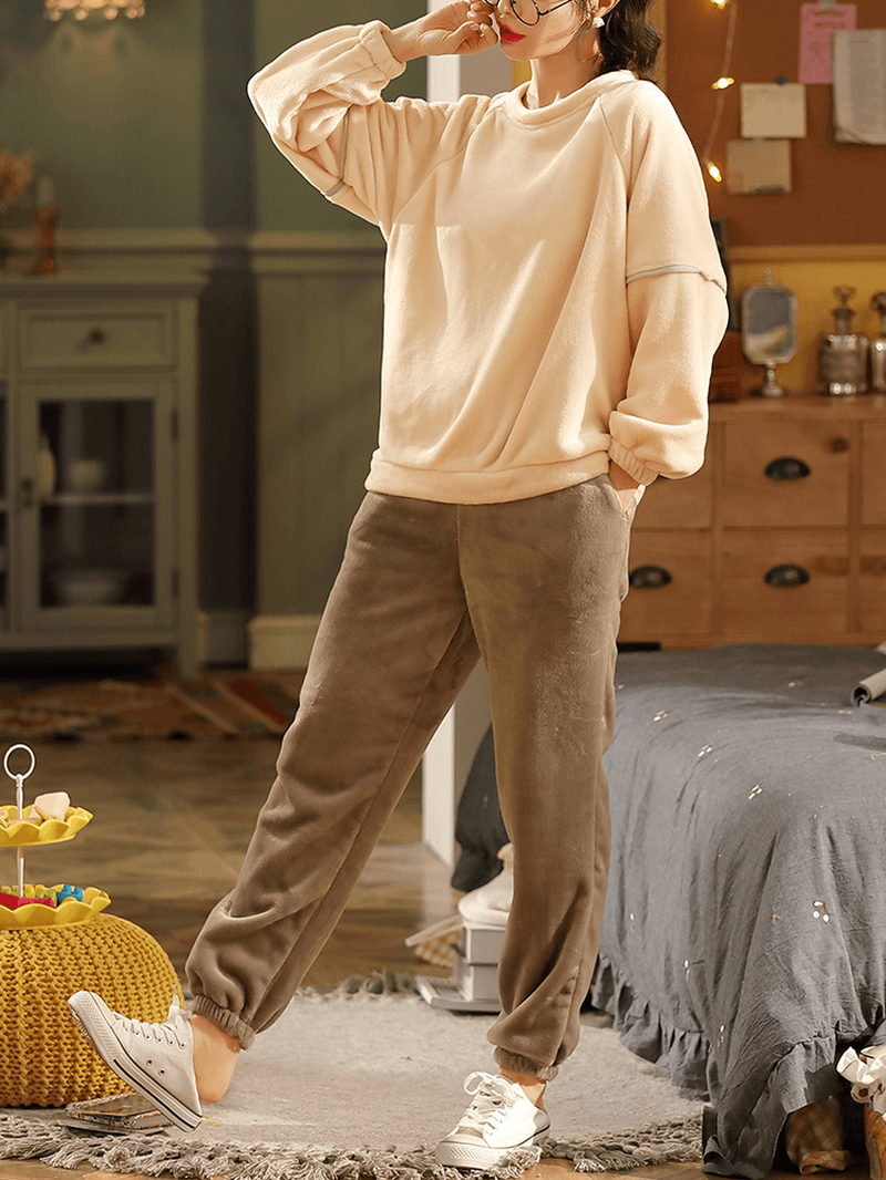 Women Solid Color Raglan Sleeves Coral Fleece Pocket Warm Home Pajama Set - MRSLM