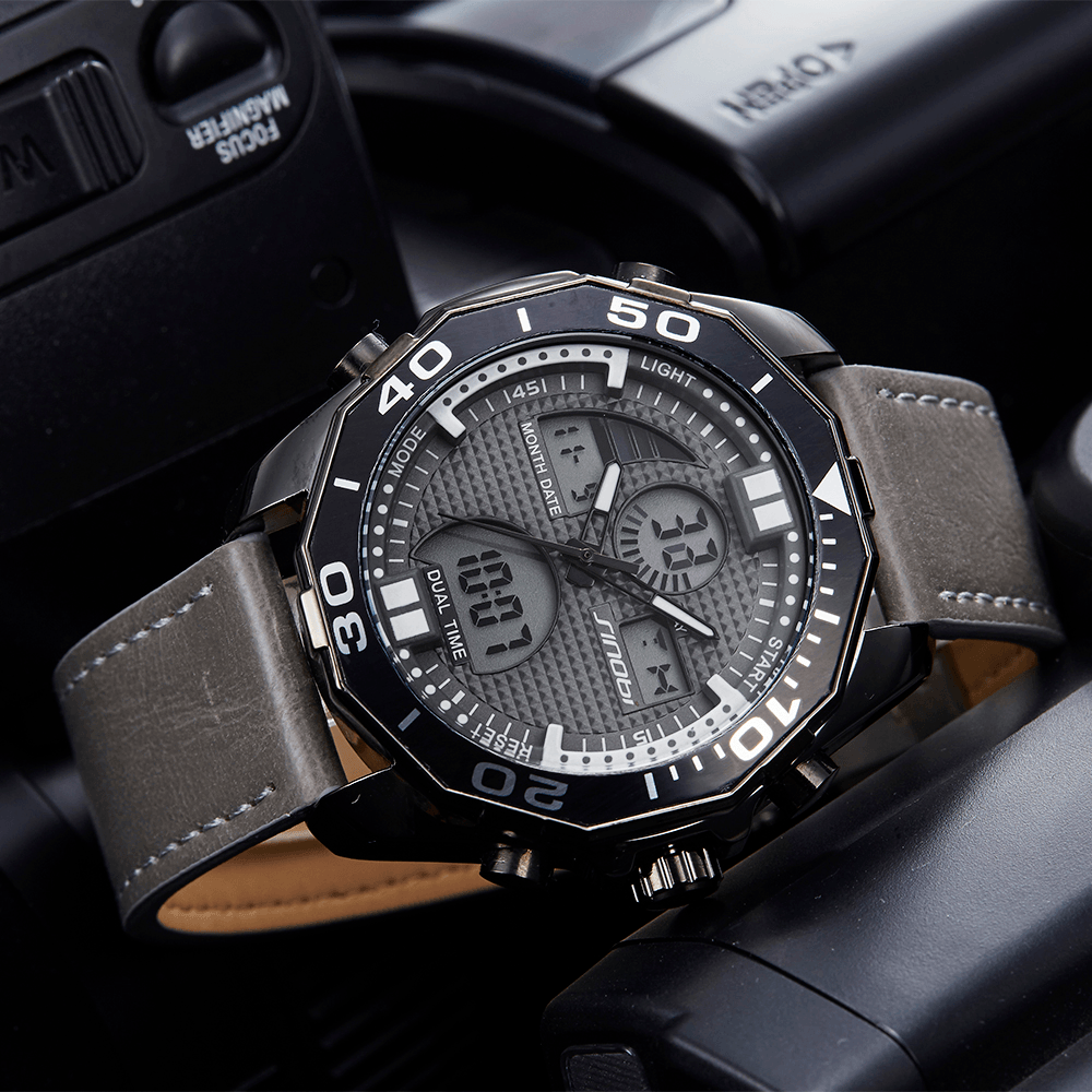 SINOBI 9730 Dual Display Digital Watch Fashion Leather Strap Men Luminous Display Sport Watch - MRSLM